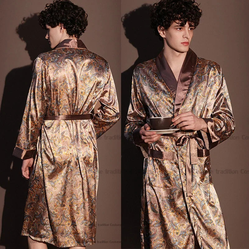 Peignoir d'été fin pour hommes, Robe de nuit de haute qualité, Peignoir une pièce, Vêtements d'intérieur masculins, Pyjama en soie glacée imprimé de grande taille pour homme, printemps