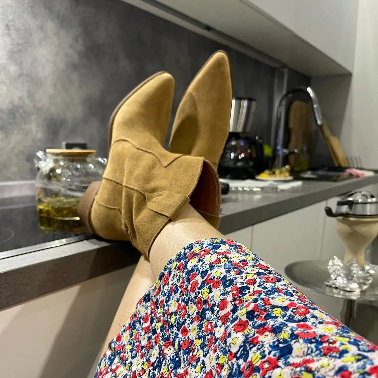 Bottes Chelsea pour femme en suède de vache à bout pointu et talon épais, bottines cousues, chaussures d'hiver, bottes western pour femme, printemps automne