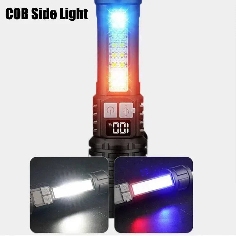 Powerful LED Flashlight Type C Rechargeable Waterproof Torch with Side Light 5 Modes Zoomable Lamp for Camping Fishing Lantern