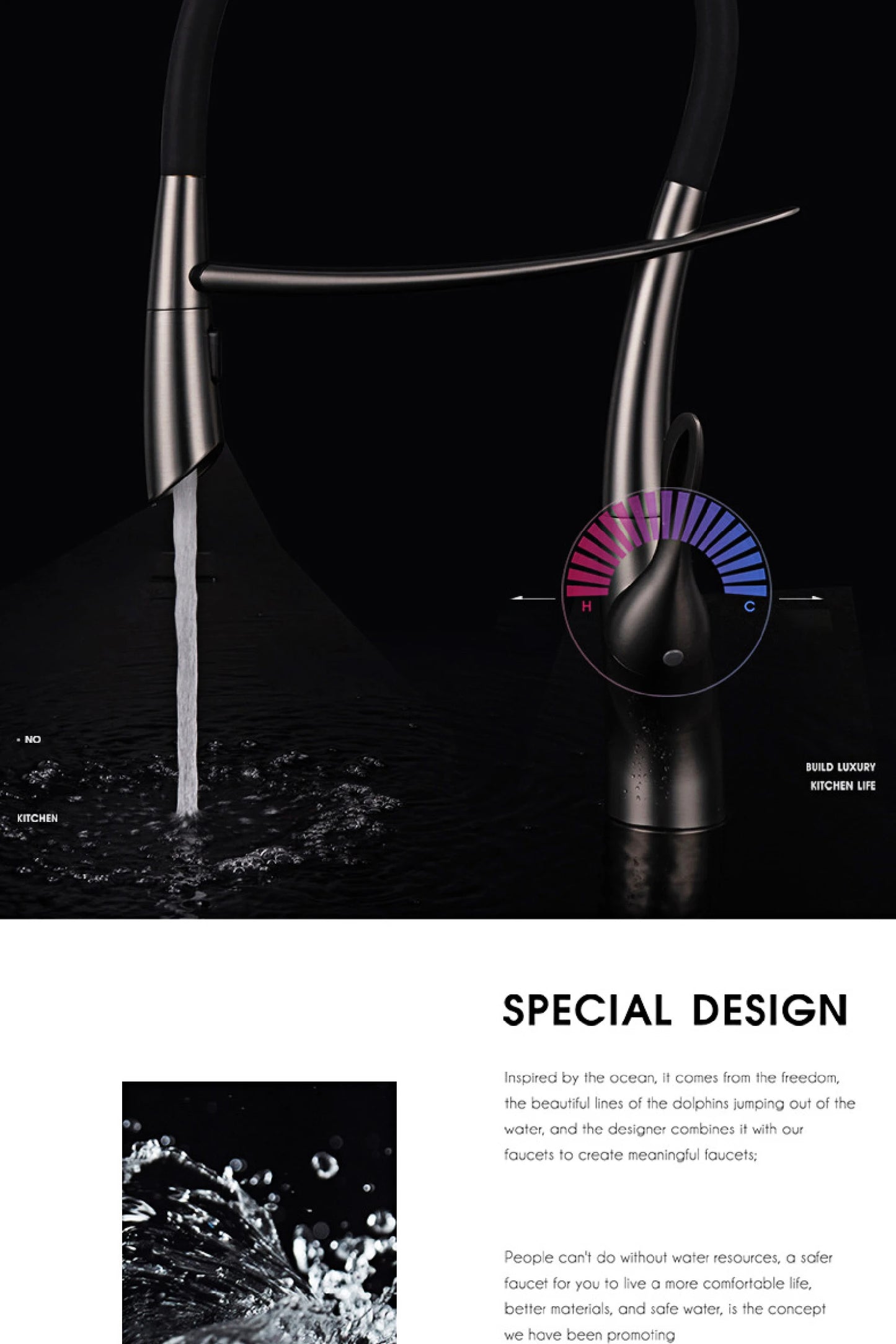 Luxury gun gray brass kitchen faucet with intelligent touch design Single handle hot and cold water magnetic suction sink faucet