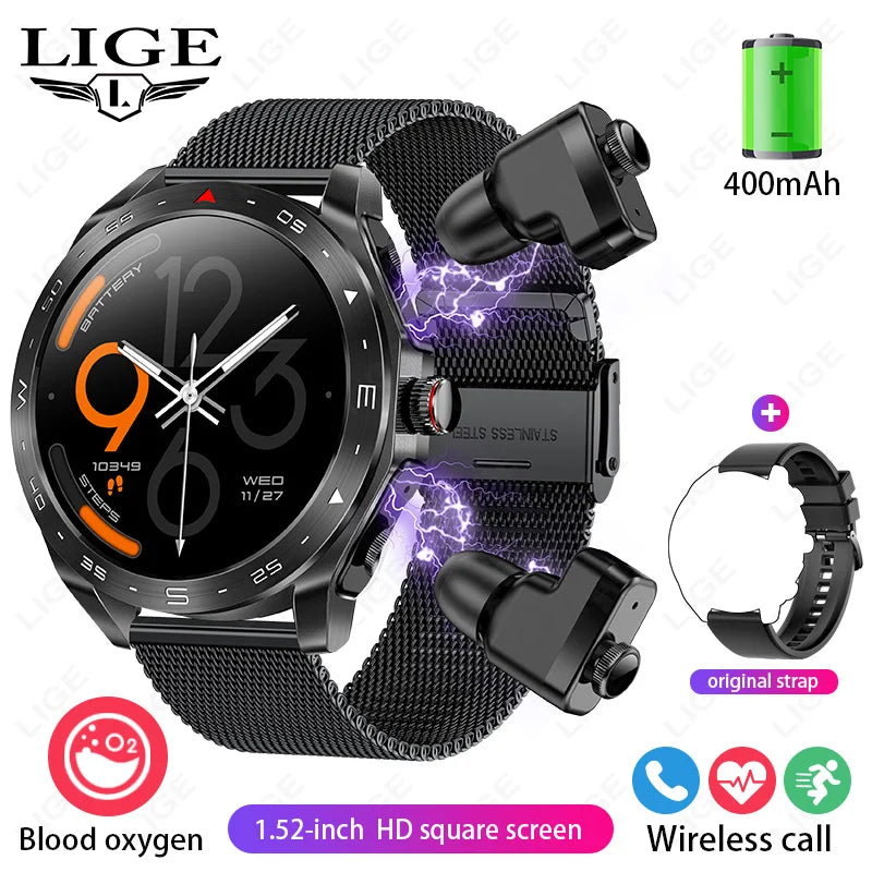 LIGE Avec écouteurs Bluetooth Casque Smartwatch Femme Moniteur d'activité Montre de sport Homme Étanche Montre intelligente Écran AMOLED