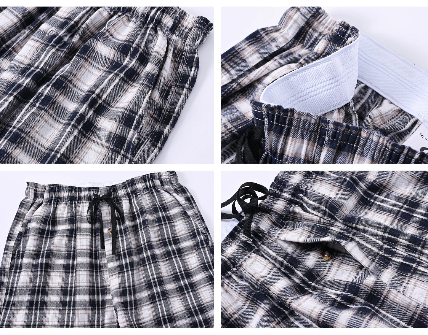 Pyjama Homme 3 Pièces Coton Carreaux, Pantalon de Pyjama Long Carreaux avec Taille Élastique pour Homme