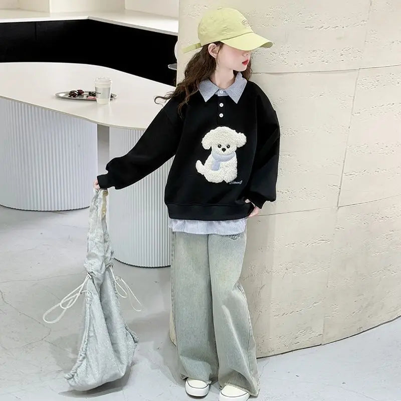 Sweatshirt Mädchen 2025 Neu Faux Zweiteiliger Polo Hoodie Frühling/Herbst Kinder Mittel-Groß Locker Sitzender Cartoon Welpen Top