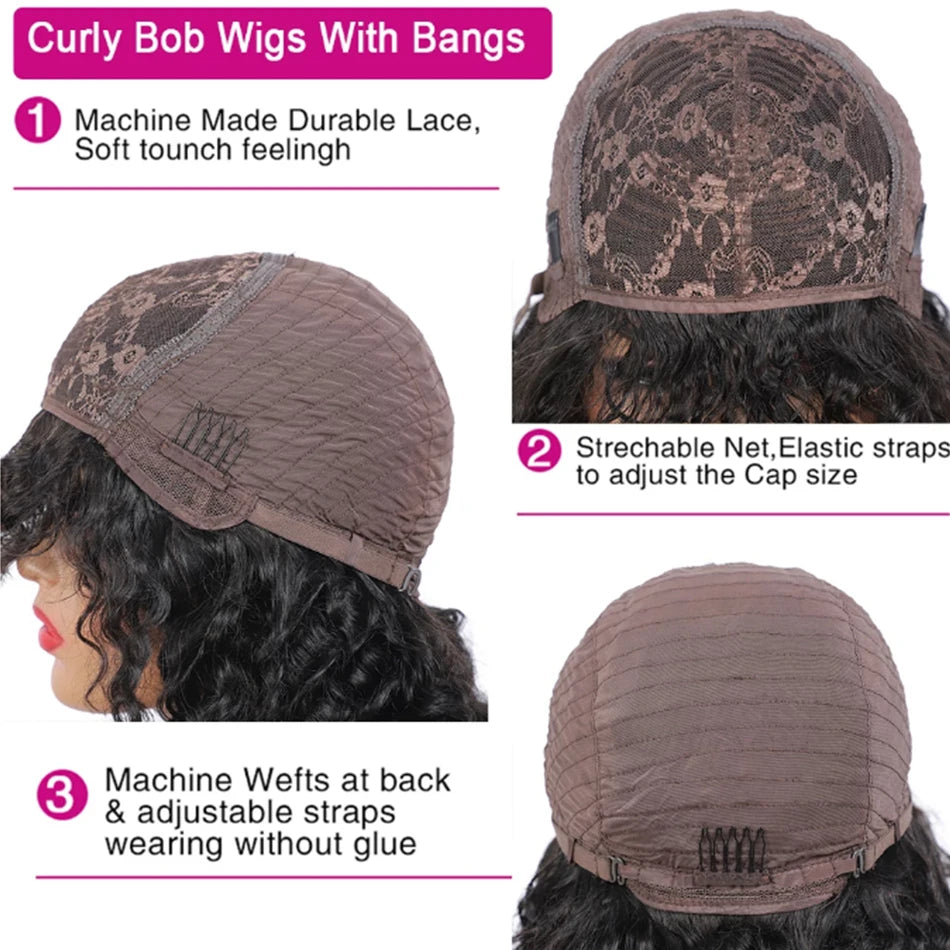 30 Zoll Water Wave Echthaarperücken mit Pony, klebefreie Pony-Perücke, Kinky Curly Bob Perücke mit Pony, vollmaschinell gefertigte Perücke, 180%