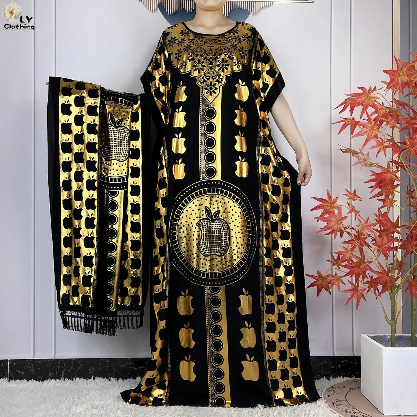 Neues Sommer-Kurzarm-Kleid aus Baumwolle für Damen mit großem Schal Goldprägung Boubou Maxi Islam Damen Afrikanische Abaya Kleidung