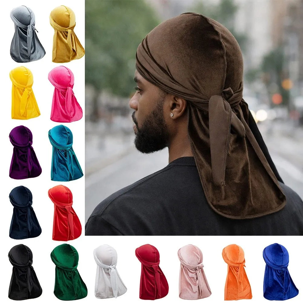 Nouveaux Durags en Velours Casquettes Longue Queue Chapeau Turban Respirant Bandeau Élastique Réglable Accessoires pour Cheveux