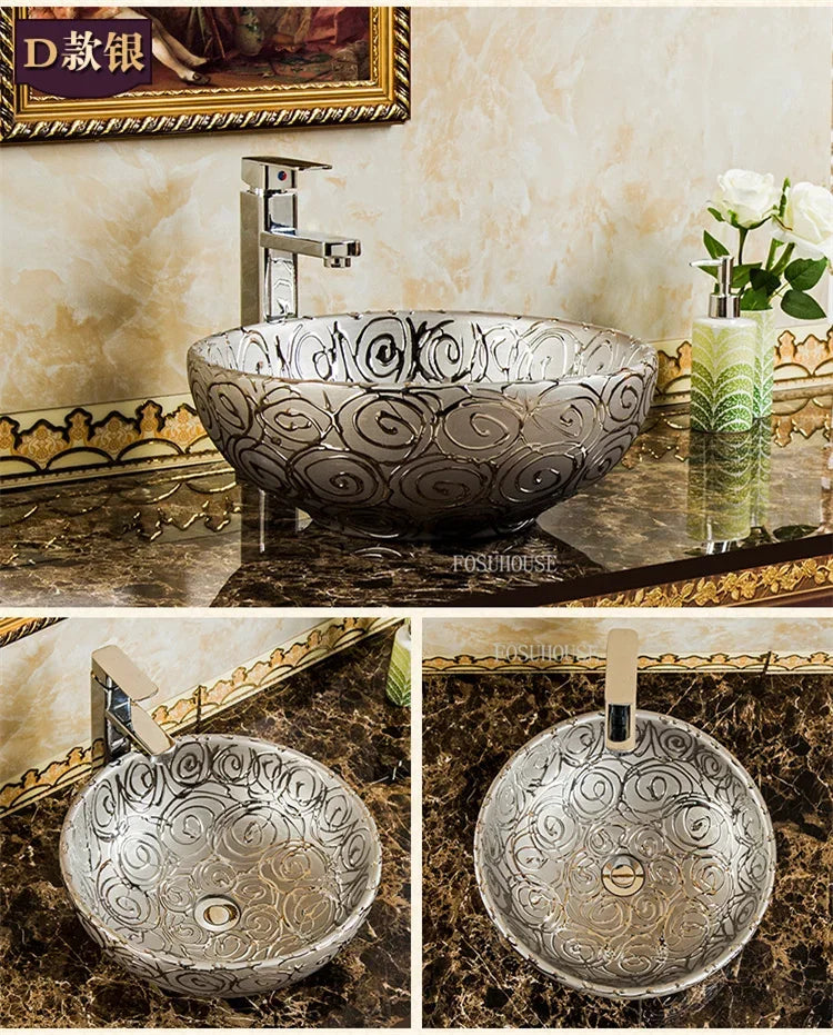 A17 Luxus Gold Badezimmer Waschbecken Haushalt Keramik Waschbecken Kreative Toilette Rund Aufsatzwaschbecken Einfaches Badezimmer Zubehö