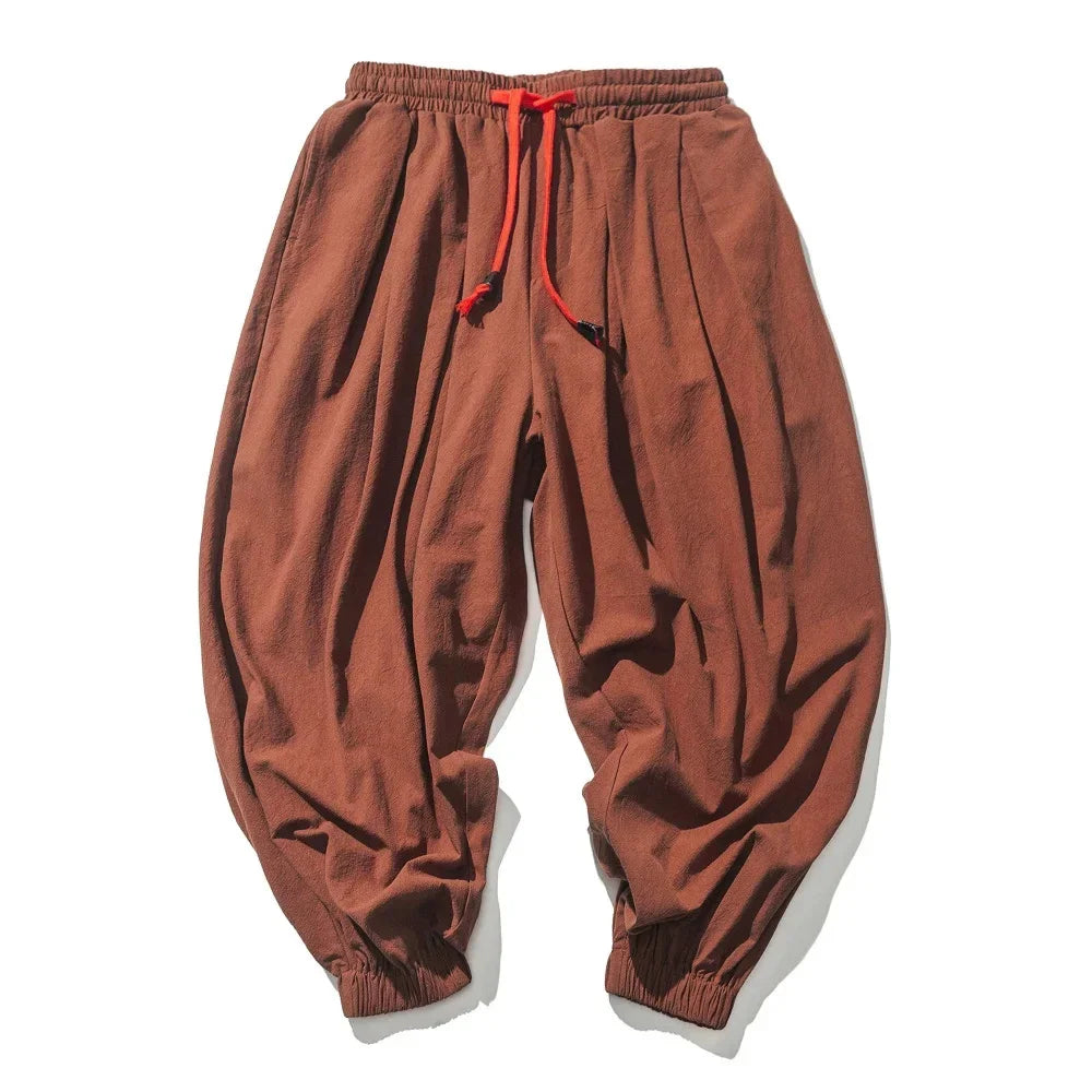 Pantalon Sarouel Homme Coton et Lin Décontracté Ample Grande Taille Pantalon de Plage Style Chinois Large Joggers Homme Été