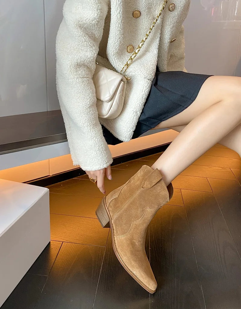 Bottes Chelsea pour femme en suède de vache à bout pointu et talon épais, bottines cousues, chaussures d'hiver, bottes western pour femme, printemps automne
