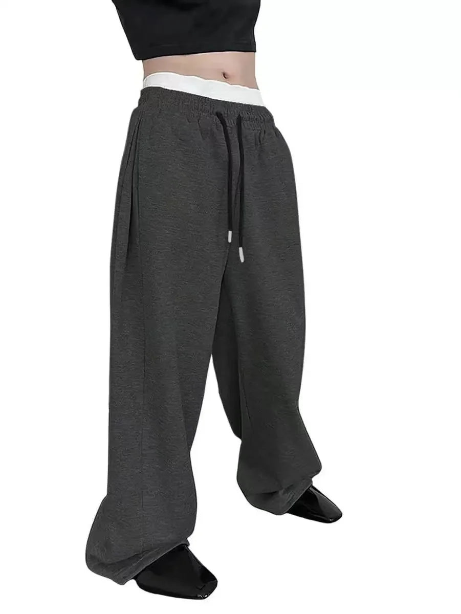 Pantalon de survêtement large Y2K Harajuku pour femmes, streetwear, ample, surdimensionné, gris, de sport, taille haute, avec cordon de serrage, décontracté