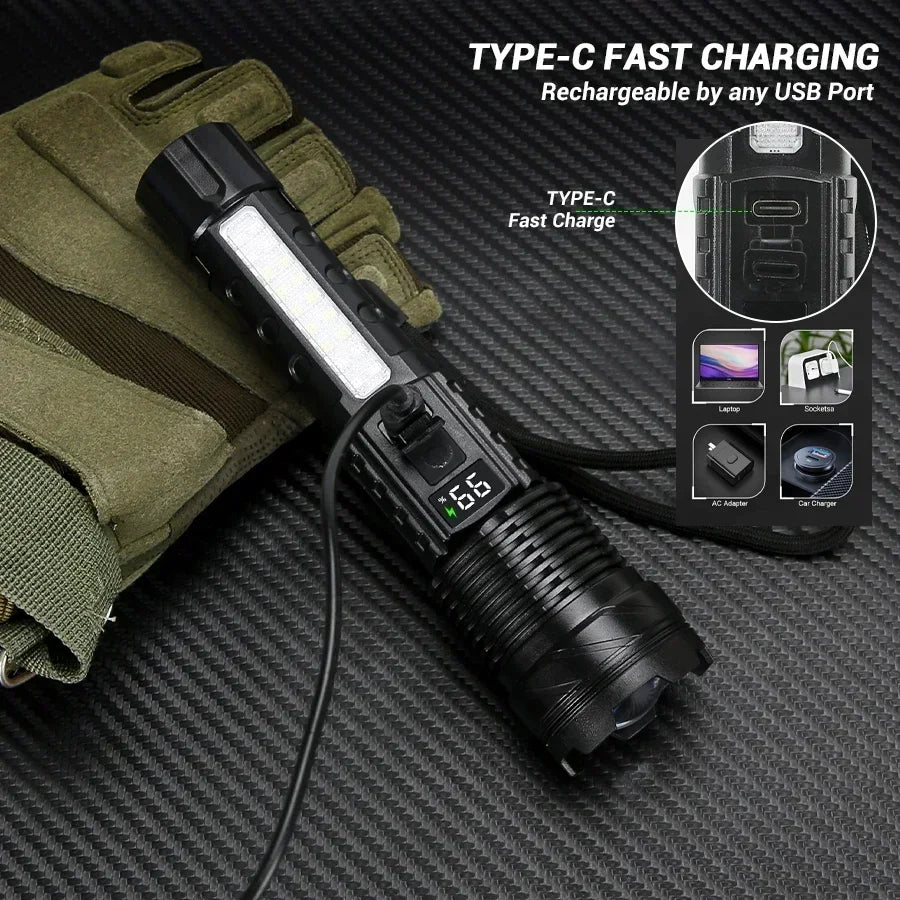 Super Big Flashlight USB Rechargeable Most Strong LED Flash Light Long Range Torch Zoom Outdoor With Digital Power Display