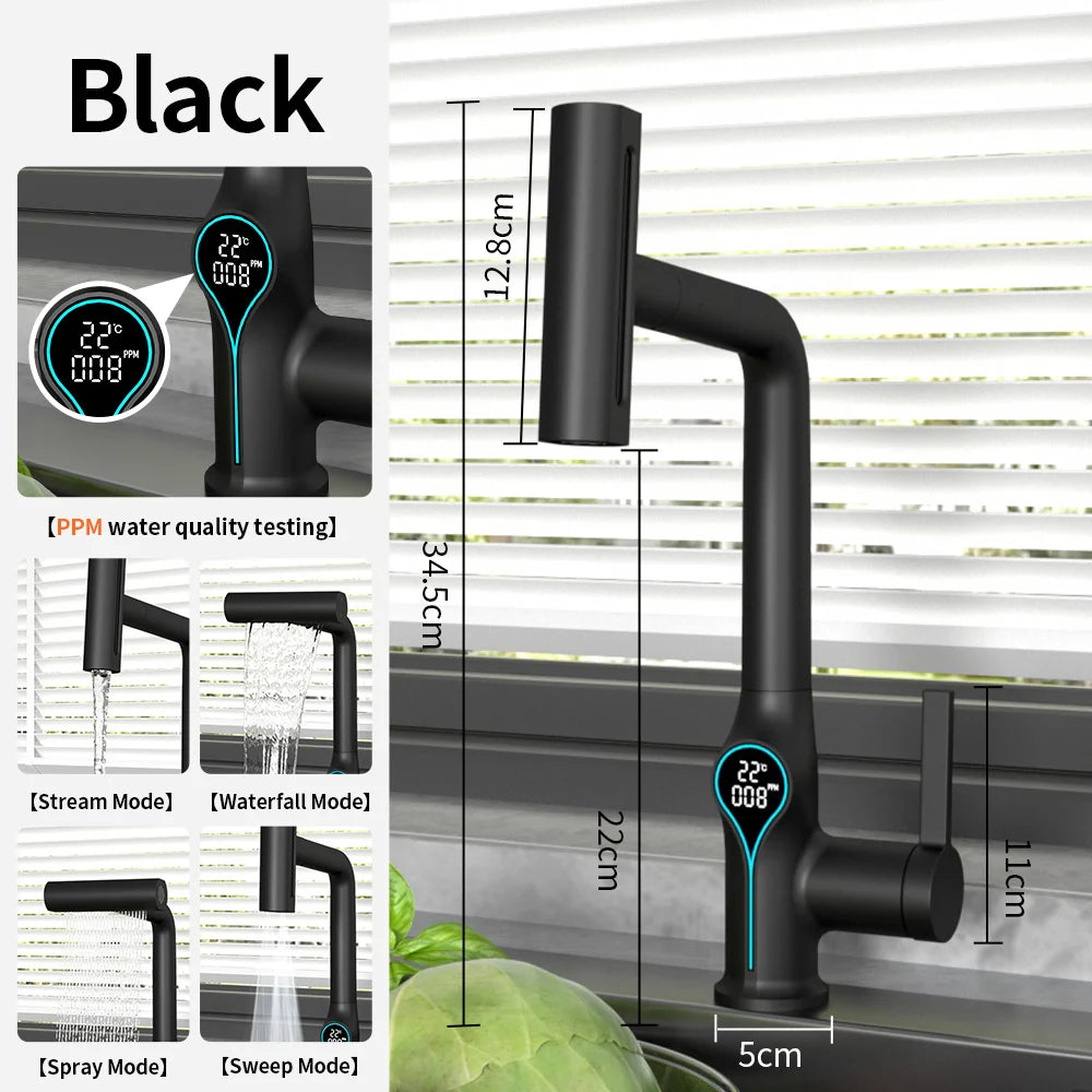 Robinet de lavabo numérique avec affichage de la température Cascade, pulvérisateur à jet relevable haut et bas, mélangeur chaud/froid pour salle de bain