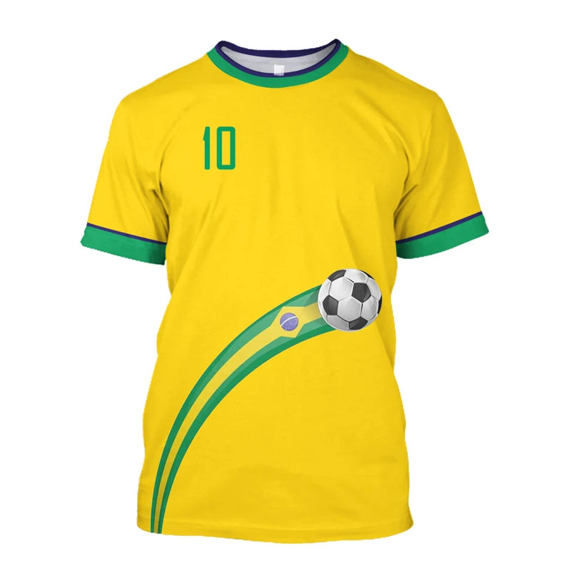 T-shirts de football Brésil Simples Mode d'été Manches courtes T-shirts imprimés drapeau brésilien 3D Hauts de sport décontractés Vêtements pour hommes