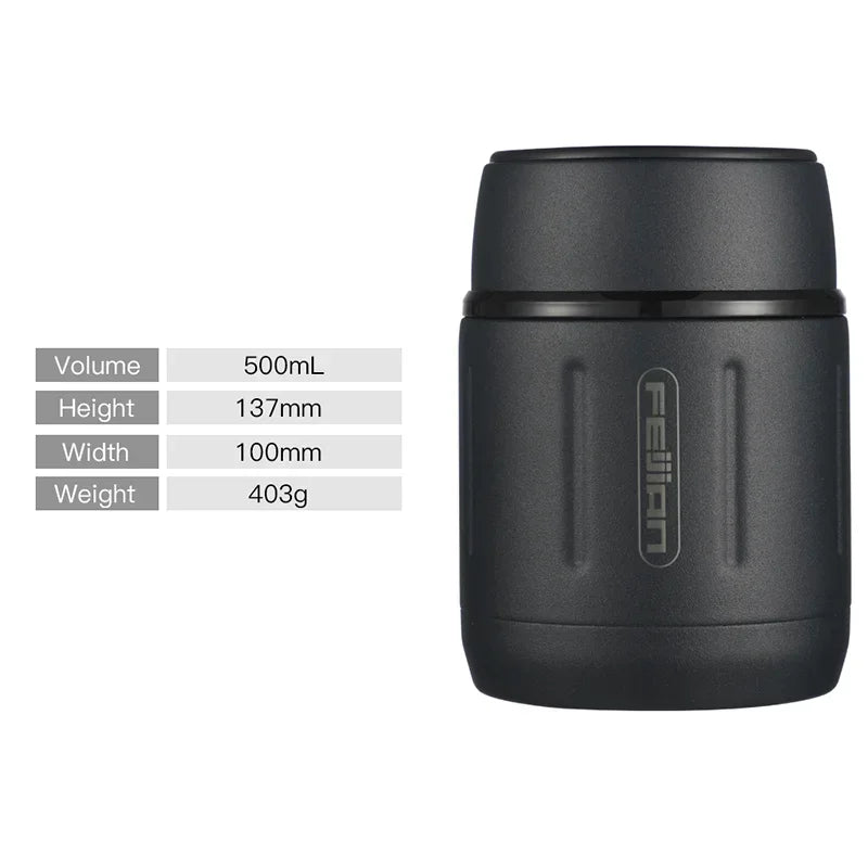 FEIJIAN 500ml Tragbare Vakuumflasche Essen Thermoskanne 316 Edelstahl Einfache Vakuumisolierte Lebensmittelbox mit Löffel Kinder Lunchbox