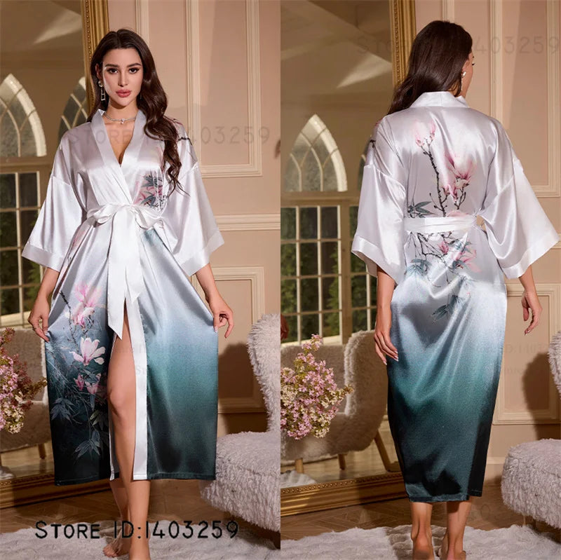 Großer Kimono Bademantel Blütenmuster Langer Morgenmantel Negligé Hauskleidung Frühling Sommer Neue Nachtwäsche Lose Pyjamas