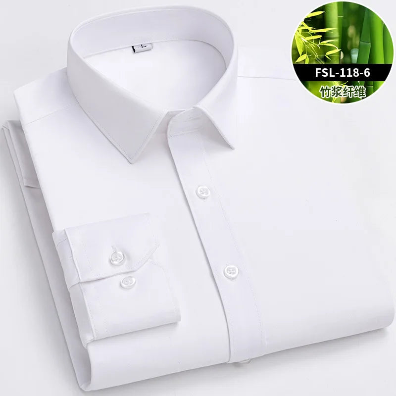 Chemise de Travail Blanche Homme en Fibre de Bambou Bleue 8XL Manches Longues Bureau Affaires Anti-rides Infroissable Décontractée