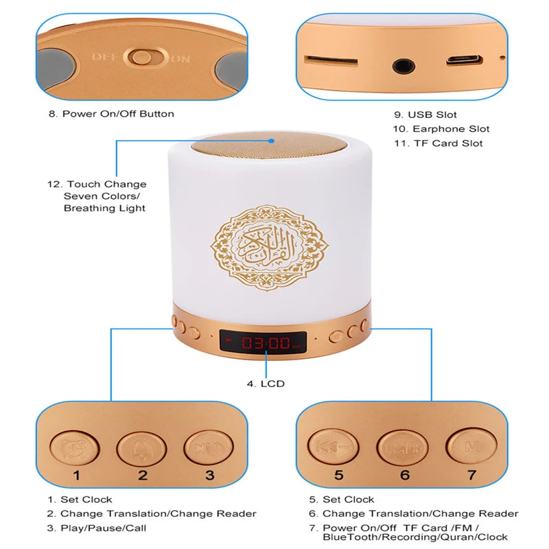 Heller Koran Azan Muslim Koran Bluetooth Lautsprecher Tragbares Nachtlicht Heilige Lampe Soundbox Musik Kabellos Caixa De Som Bocina Mp3
