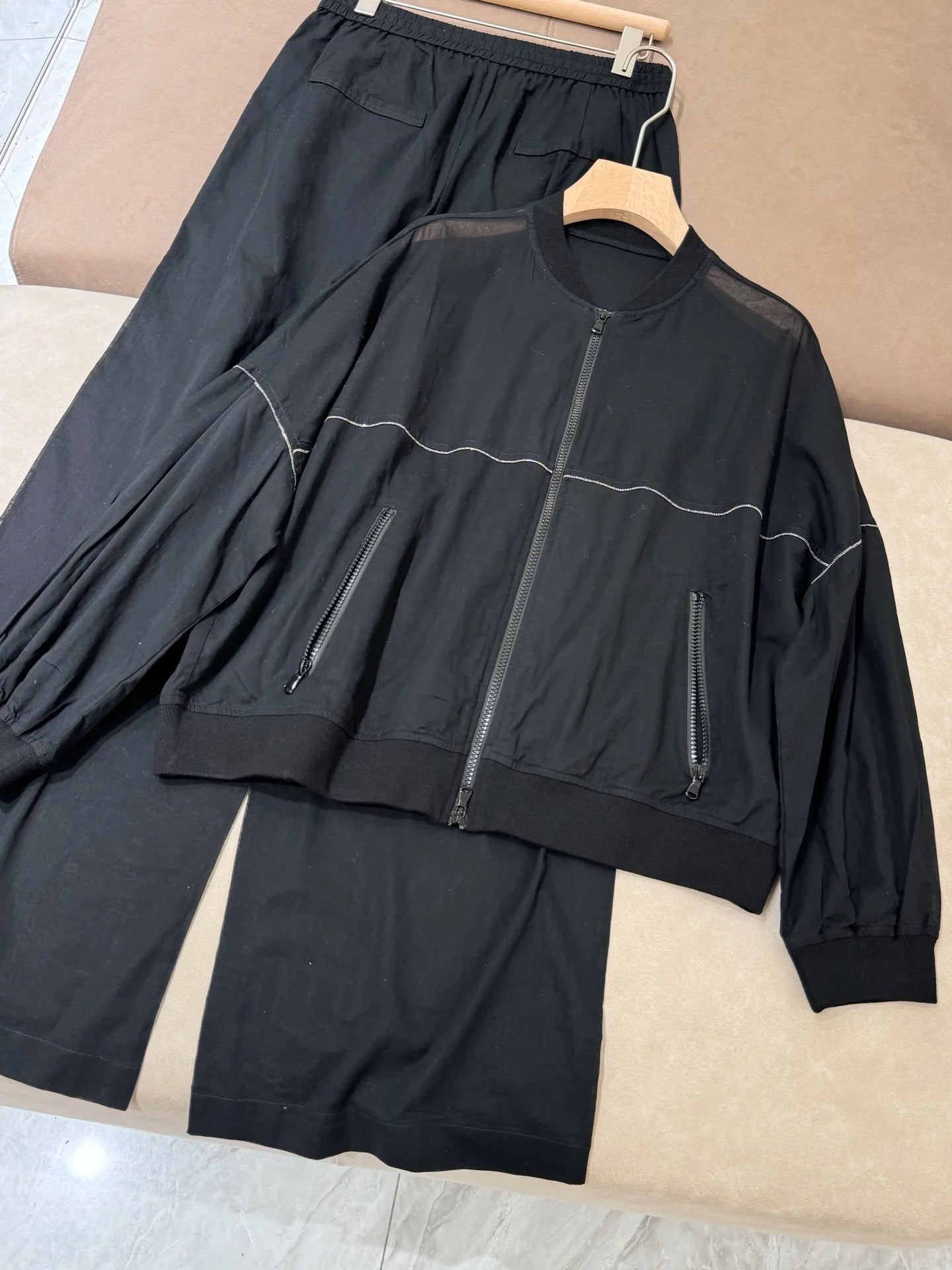 Spring Summer 2025 Women's Thin Cotton Sun Protection Suit Long Sleeve Zipper Jacket + Drawstring Straight Pants 2-Piece Set