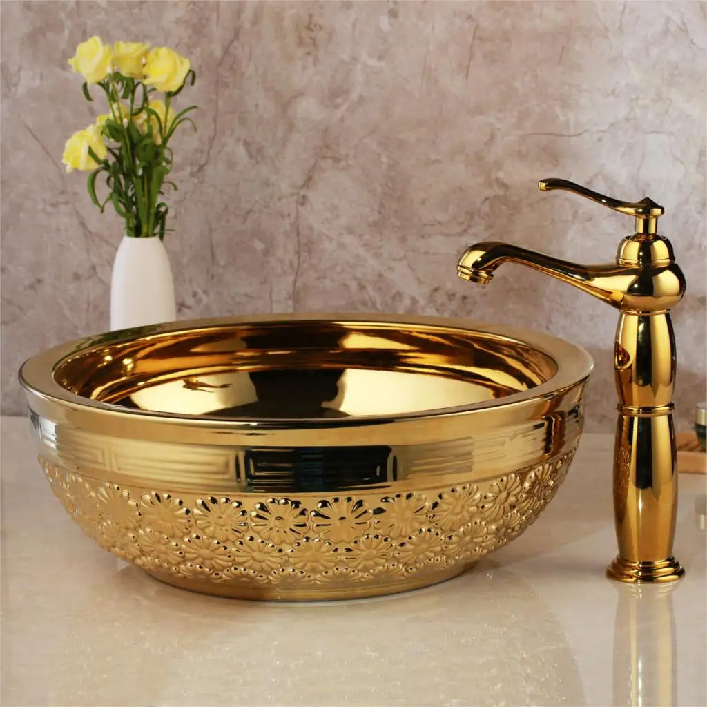 Lavabo de salle de bain KEMAIDI en céramique doré avec robinet Lavabos de salle de bain en porcelaine à poser sur le comptoir Lavabos de luxe pour salles de bain