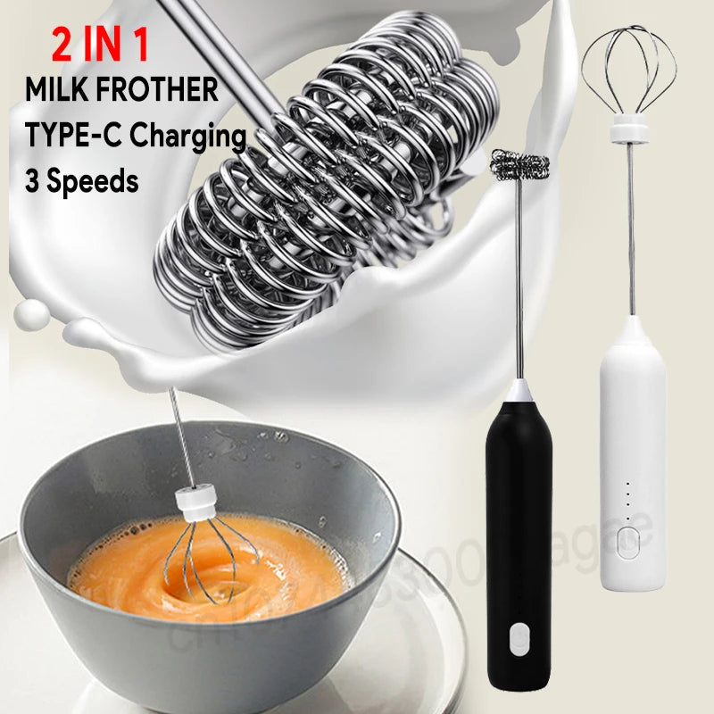 CHAUD Mousseur à lait électrique + Fouet à œufs Recharge sans fil Type-C 3 vitesses Mini batteur à main Mousseur à café Outils de cuisine