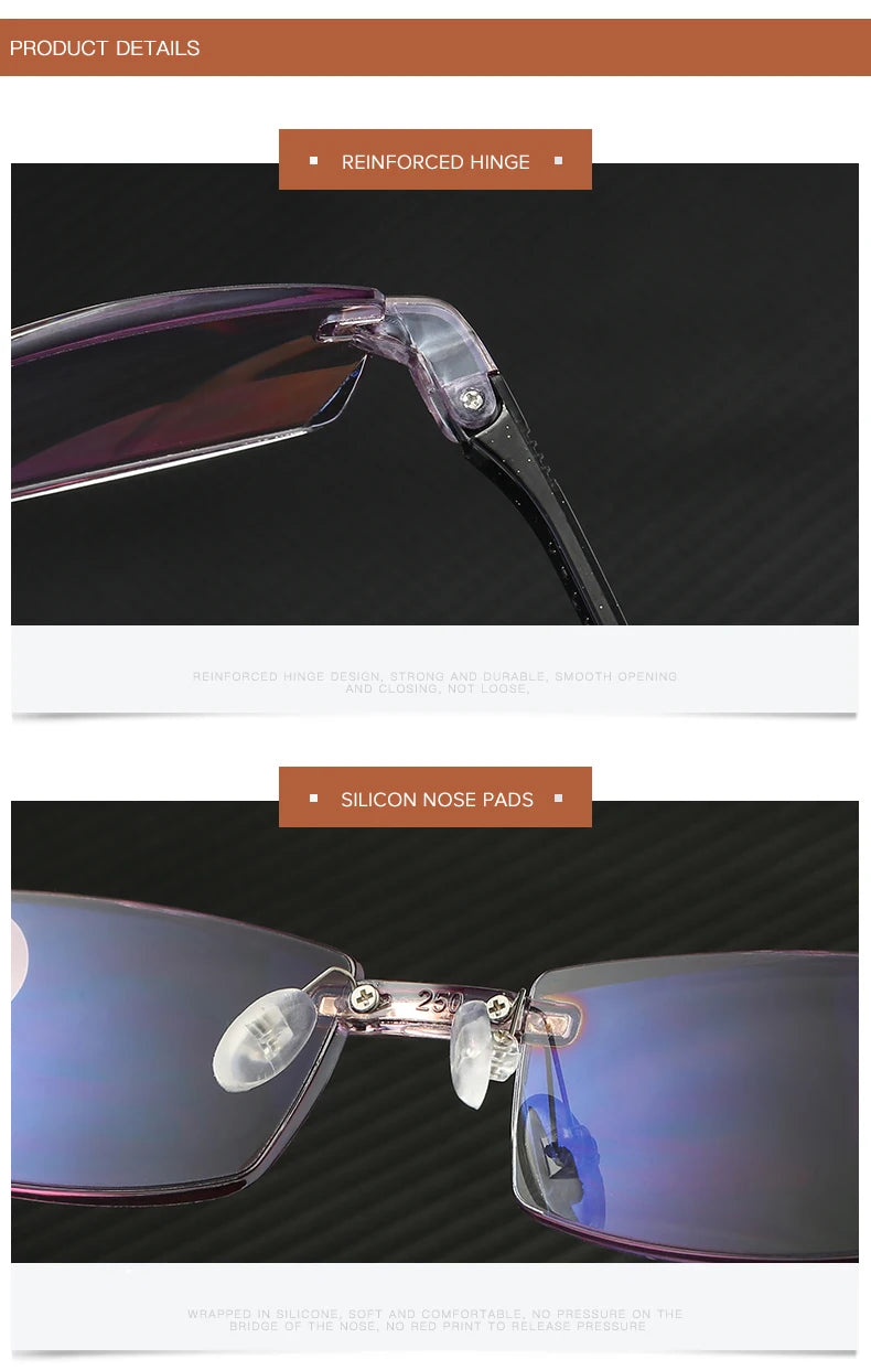 Lunettes de lecture anti-lumière bleue pour femmes, monture sans bords à découpe diamantée, pour hommes, anti-fatigue, hypermétropie, presbytie +1,5