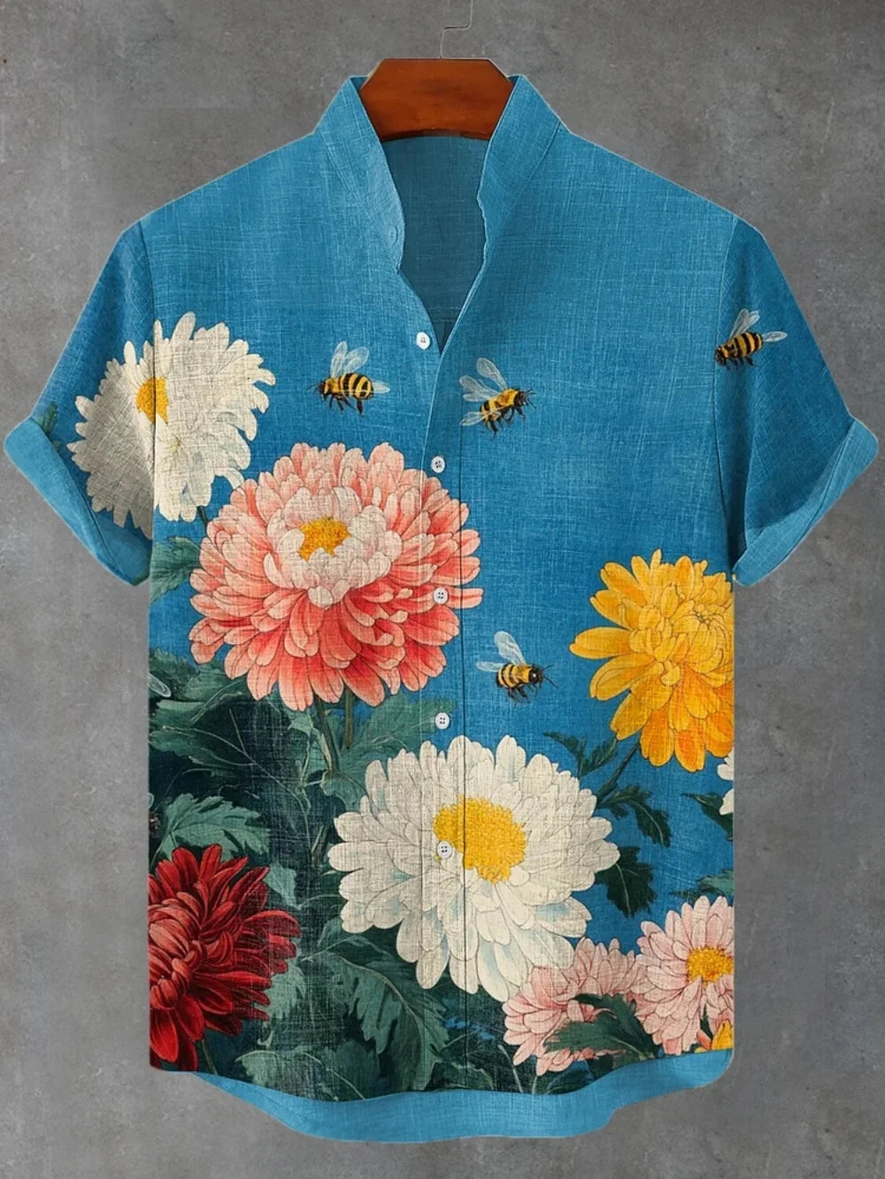 Chemise d'été à manches courtes pour homme, style streetwear, associée à un cardigan en lin imprimé en 3D, col montant tendance et haut respirant