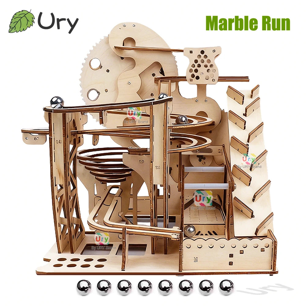 Ury 3D Wooden Puzzles Electric Marble Run Set Catapult Track Device Mechanical Model Science Balls Maze Assembly Gift for Kids