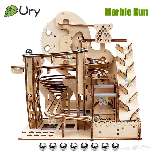 Ury 3D Wooden Puzzles Electric Marble Run Set Catapult Track Device Mechanical Model Science Balls Maze Assembly Gift for Kids