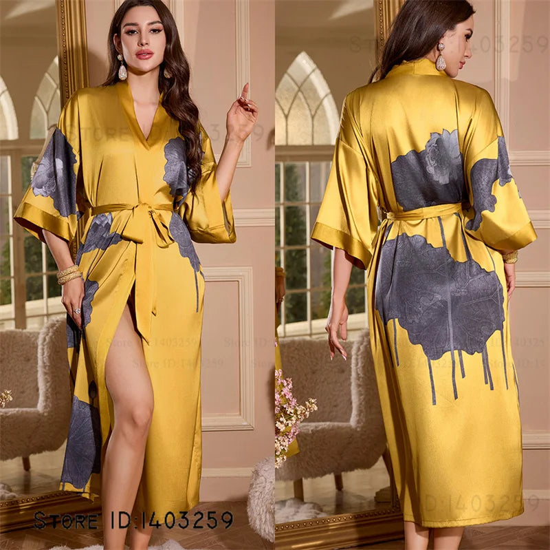 Großer Kimono Bademantel Blütenmuster Langer Morgenmantel Negligé Hauskleidung Frühling Sommer Neue Nachtwäsche Lose Pyjamas