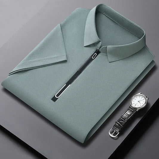 New Men's Business Casual Zipper Short Sleeve Solid Color Polo Shirt Fashionable Warm Comfortable Four Seasons Versatile Top