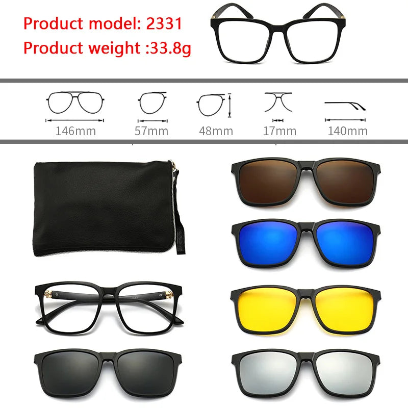 6 In 1 Polarized Sunglasses Men Women Magnetic Clip On Glasses TR90 Optical Prescription Eyeglass Frames Magnet Clips