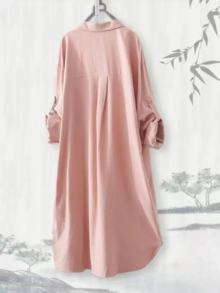 Chemisier ample grande taille respirant Chemise mi-longue coréenne décontractée Chemises d'automne Femme Chemises unies simples à manches longues