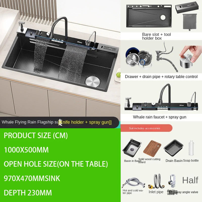 Integrated Waterfall Kitchen Sink Honeycomb Technology Large Digitial Display Stainless Steel Soap Dispenser Cup Washer