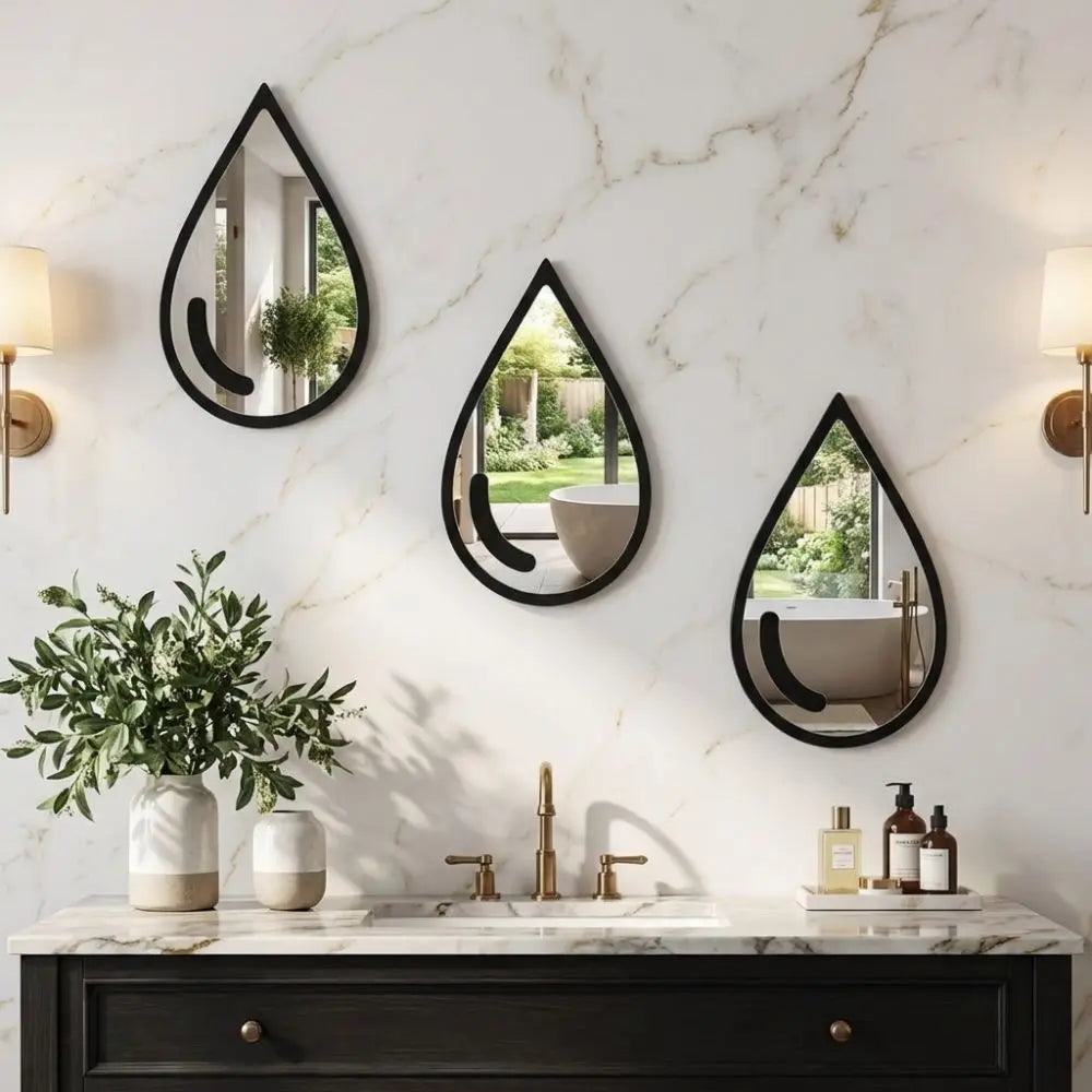 3 Pcs Autocollants Muraux Miroir Acrylique Autocollants Muraux Imperméables en Forme de Goutte d'Eau Miroir Cadre Noir Minimaliste