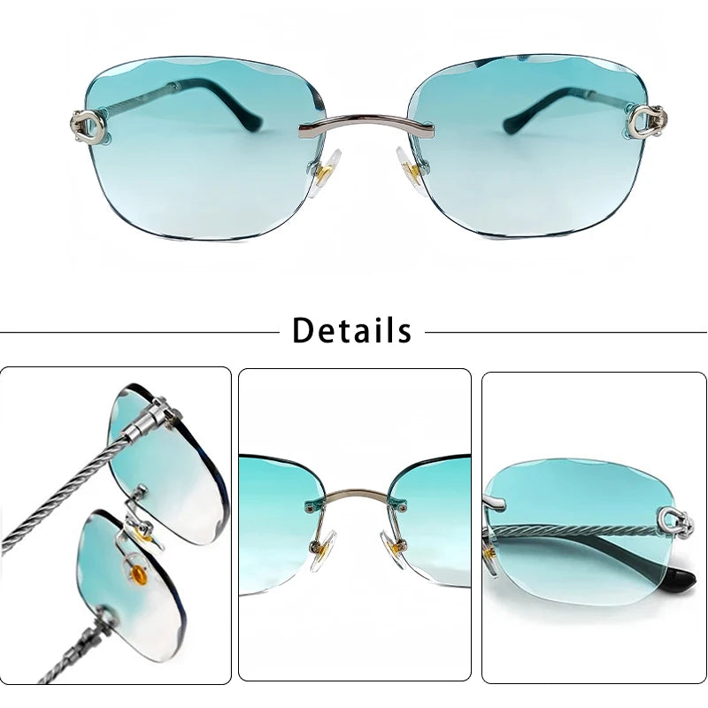 HBK Rahmenlose Metall Sonnenbrille Herren Wellenform geschnitten Sonnenbrille für Damen Reise Shopping Brille UV400 Sommer Stil