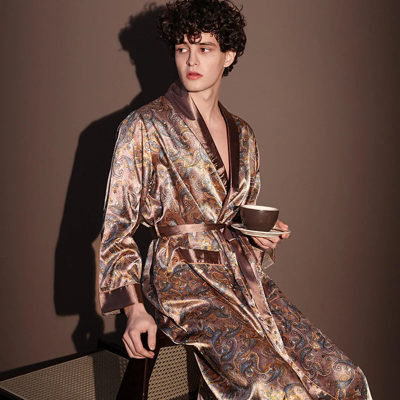 Peignoir d'été fin pour hommes, Robe de nuit de haute qualité, Peignoir une pièce, Vêtements d'intérieur masculins, Pyjama en soie glacée imprimé de grande taille pour homme, printemps