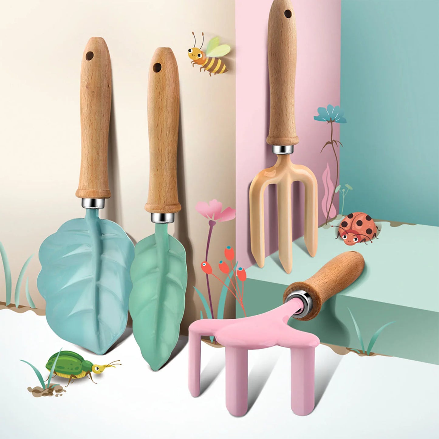 Petit kit d'outils de jardinier, coloré, sûr, avec manche en bois, pelle, râteau, fourche, ensemble de cadeaux de jardinage pour enfants et filles