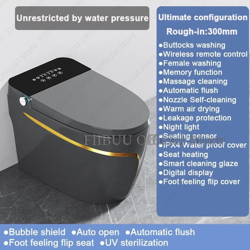Einteilige, längliche Smart-Toilette mit Bidet, eingebautem Wassertank, wasserdruckunabhängig, Display, AutoOpen, AutoFlush, beheizbarer Sitz