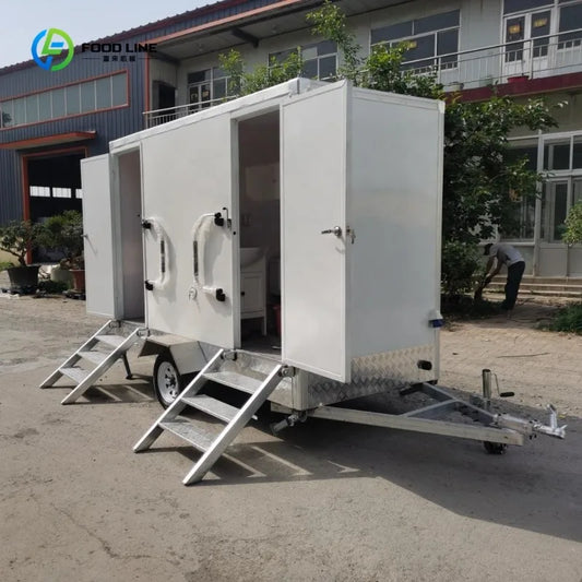 Luxury Modern Outdoor 2 Stall Unit With Black Double Door Design Portable Bathroom Mobile Toilet Trailer