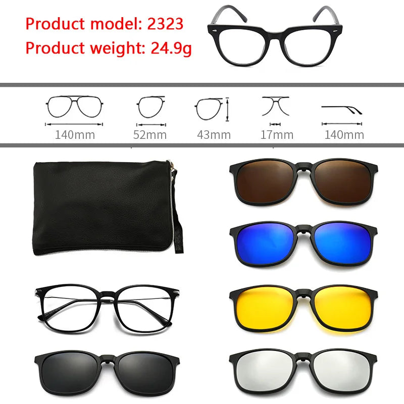 6 In 1 Polarized Sunglasses Men Women Magnetic Clip On Glasses TR90 Optical Prescription Eyeglass Frames Magnet Clips