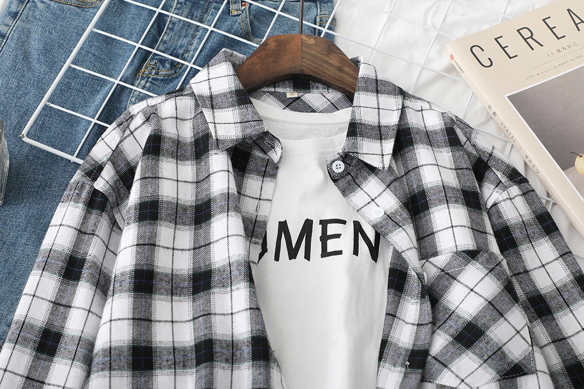 2024 Automne Nouvelle Chemise à Carreaux Ample pour Femme Marque Excellente Qualité Blouses et Hauts Design Décontracté Frais Chemises à Manches Longues pour Femme