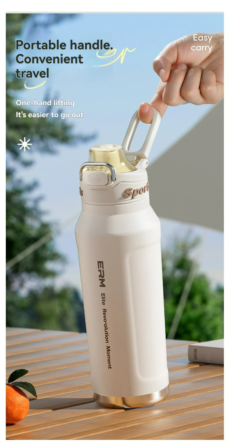Bouteille d'eau isotherme chaude et froide en acier inoxydable, double paroi portable avec poignée, tasse de sport d'extérieur