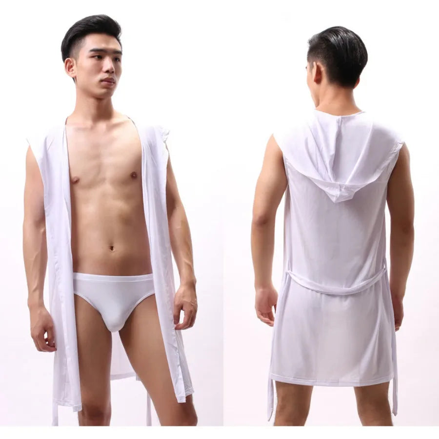 Sexy Nachtwäsche Herren Bademäntel Weich Seidig Ärmelloses Nachthemd Herren Homewear Morgenmantel Herren Pyjamas (Keine Shorts)
