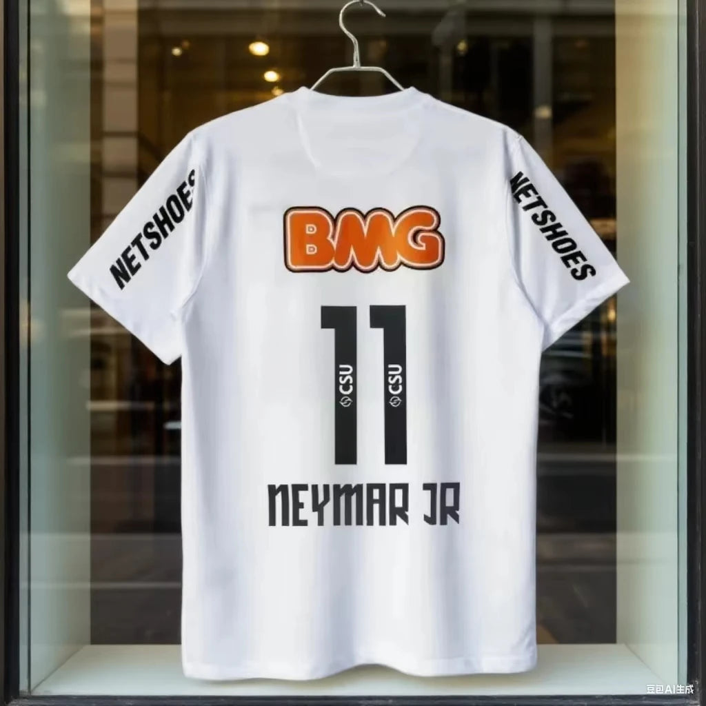 SummerClassic 11-12 Maillot de football Santossi en pur coton, style rétro, petit Neymar, pour adultes hommes et femmes, grandes tailles, manches courtes