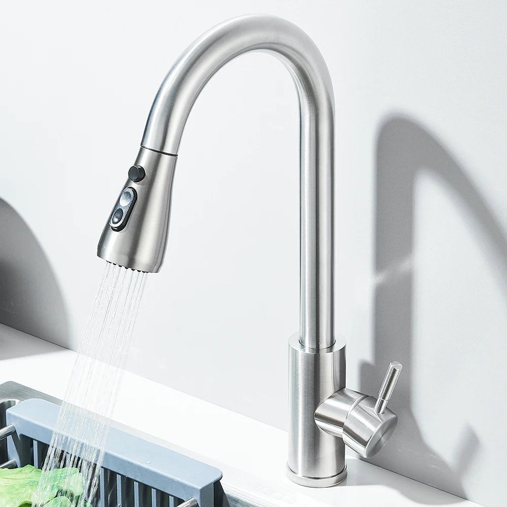 Küchenarmaturen Gebürstet Nickel Ausziehbare Küchenspüle Wasserhahn Deckmontierter Mischbatterie Strahlbrausekopf Heiß Kalt Armaturen Silber