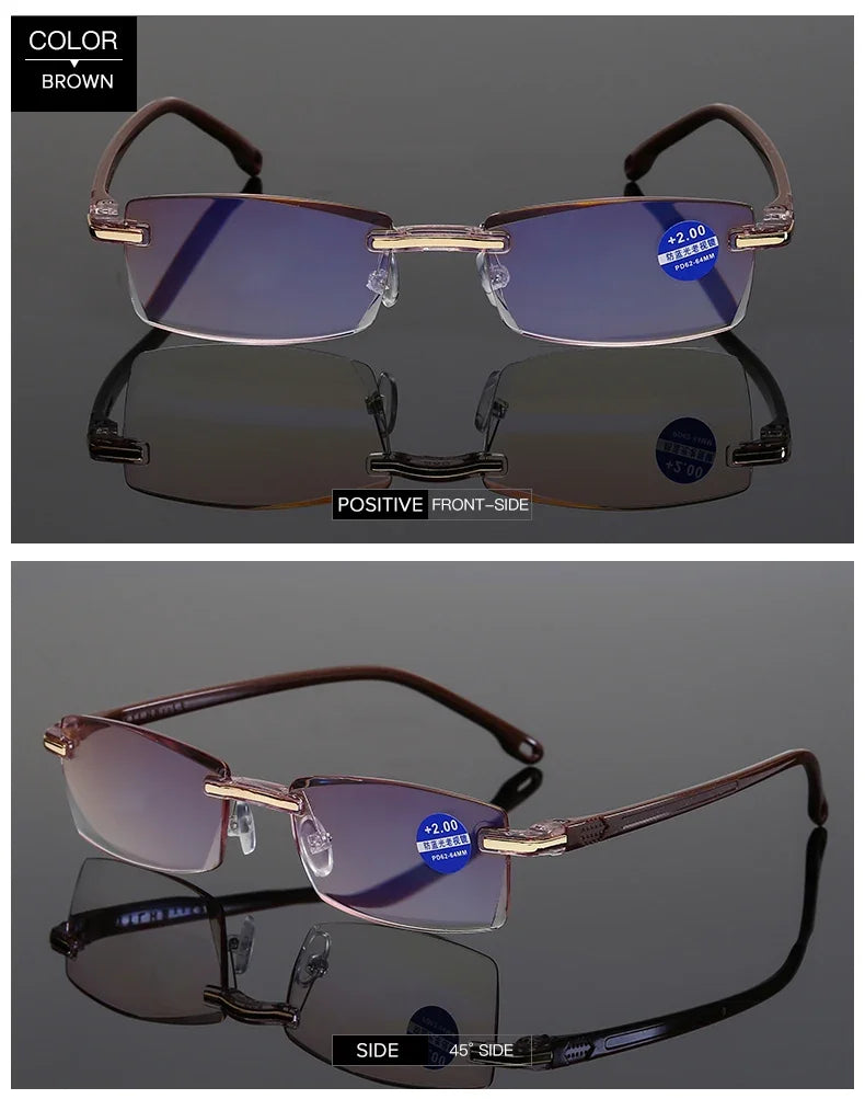 Herren quadratische Lesebrille Business HD-Gläser Randlose Brille Damen Trendige Presbyopie Korrektionsbrille +1.0 bis +4.0