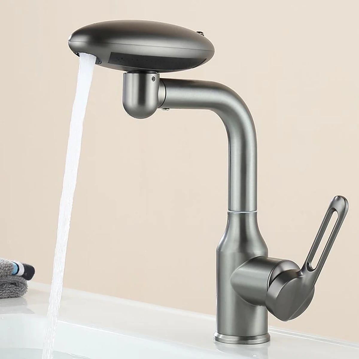 Multifunktionaler Wasserfall-Waschtischarmatur mit 4 Wasserauslassmodi, Sprüharmatur 360° drehbar, Warm-Kaltwasser-Spültischarmatur für das Badezimmer