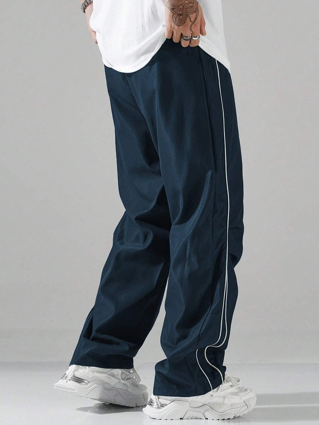 Larbulse Herren-Hosen mit Kontrastbesatz, modische Freizeithosen, einfarbig, atmungsaktiv, locker, gerades Bein, Kordelzug, Streetwear