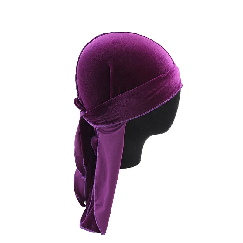 Neue Unisex Samt Durags Bandana Turban Hut Männer Frauen Atmungsaktive Lange Schwanz Piratenhüte Mütze Hip Hop Stirnband