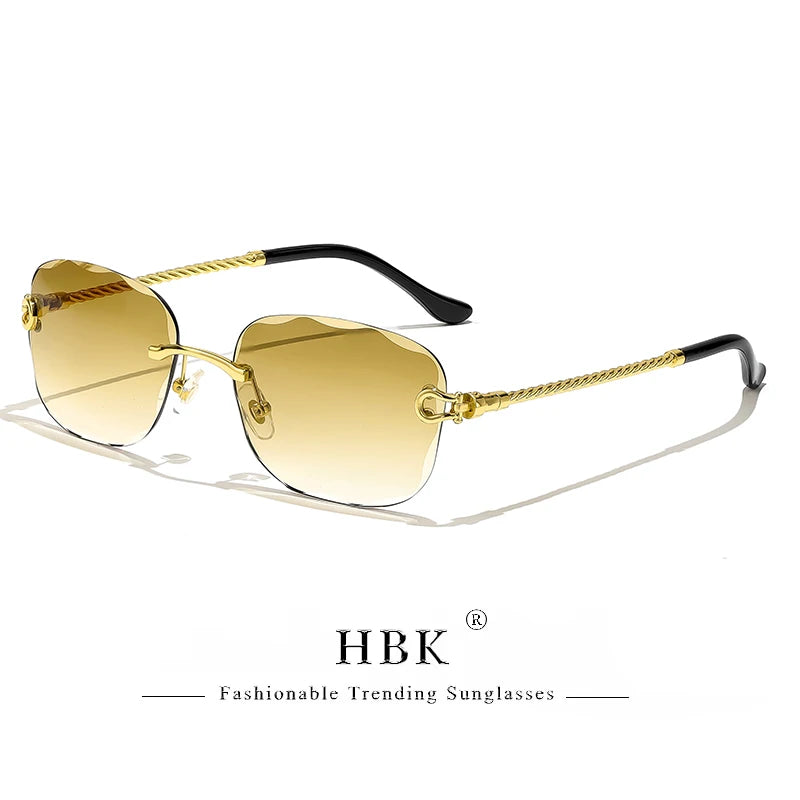 HBK Rahmenlose Metall Sonnenbrille Herren Wellenform geschnitten Sonnenbrille für Damen Reise Shopping Brille UV400 Sommer Stil